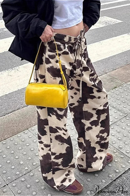 Contrast Color Cow Print Straight Casual Pants