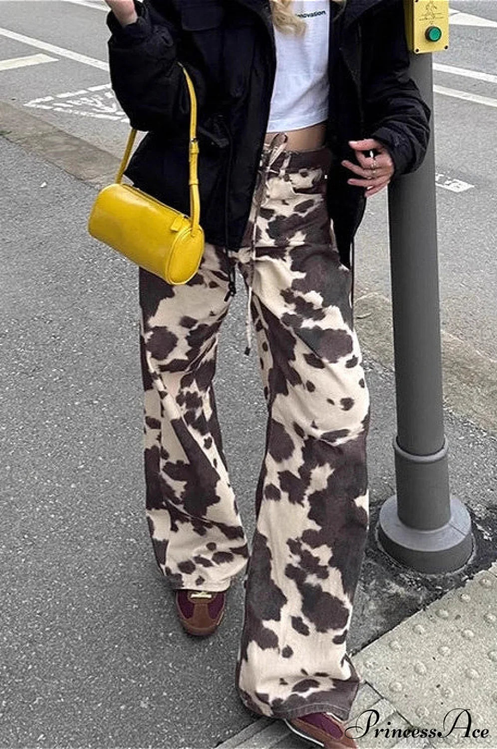 Contrast Color Cow Print Straight Casual Pants