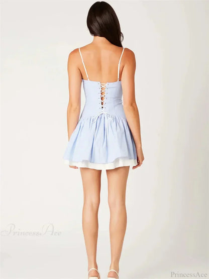 Pinstripe Spaghetti Strap Bustier Bow Detail Contrast Trim Pleated Fit-and-Flare Mini Dress