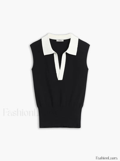 Contrast Trim Collar V-neck Knit Sweater Vest