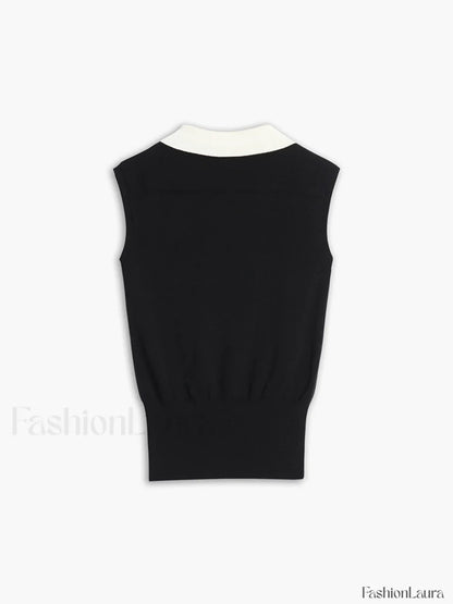 Contrast Trim Collar V-neck Knit Sweater Vest