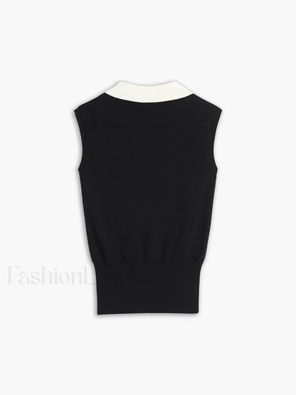Contrast Trim Collar V-neck Knit Sweater Vest