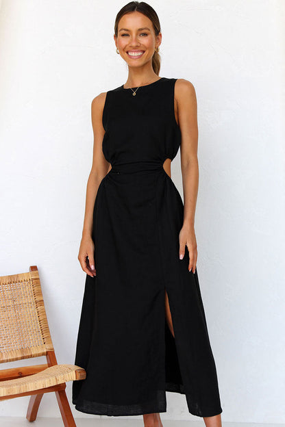 High Neck Side Cutout Waist High Slit Maxi Dress
