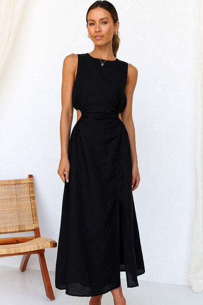 High Neck Side Cutout Waist High Slit Maxi Dress
