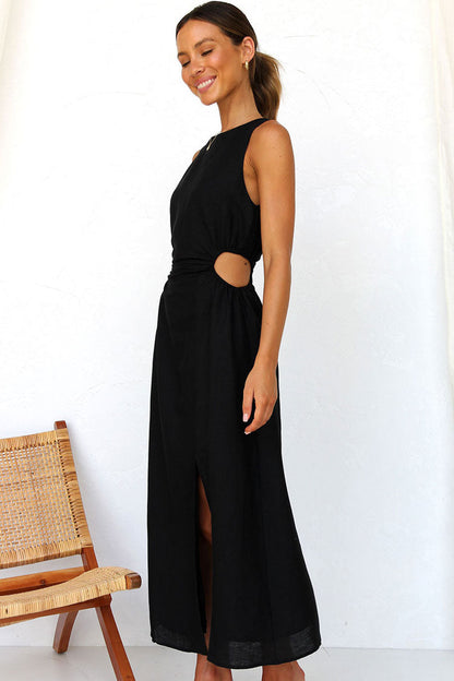High Neck Side Cutout Waist High Slit Maxi Dress