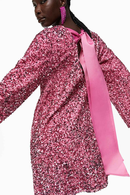 Coral Sequins Tie-back Mini Dress