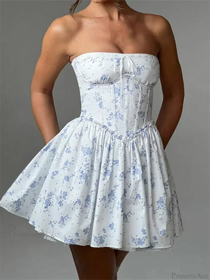 Strapless Lace Trim Corset Basque Waist Tie Front Babydoll Mini Dress