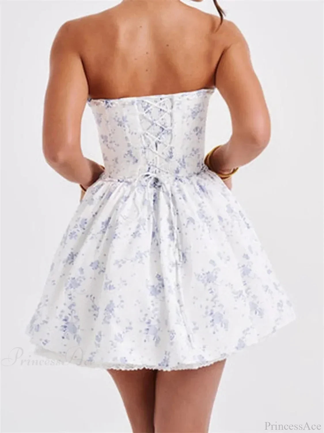Strapless Lace Trim Corset Basque Waist Tie Front Babydoll Mini Dress