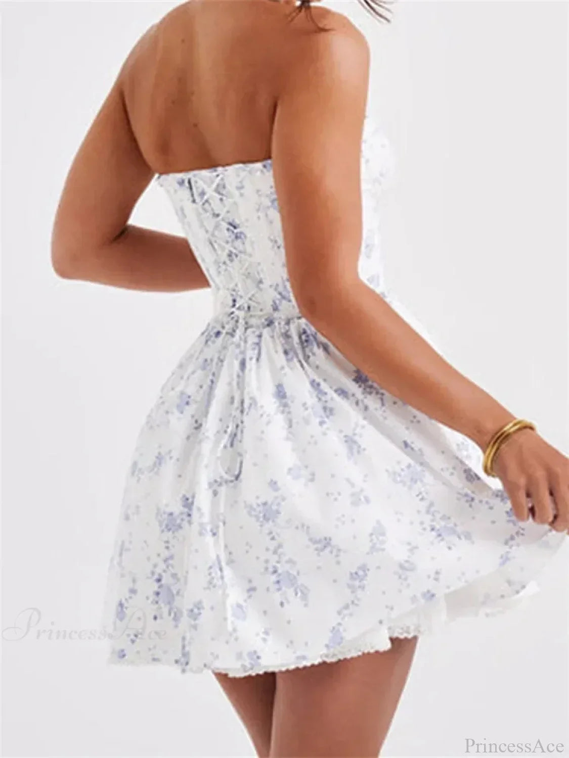Strapless Lace Trim Corset Basque Waist Tie Front Babydoll Mini Dress