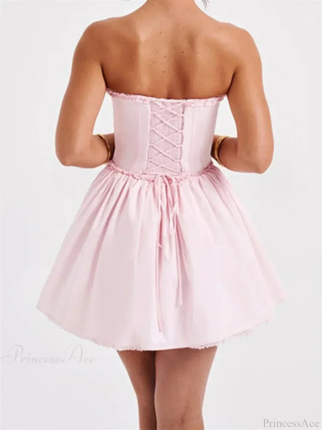 Strapless Lace Trim Corset Basque Waist Tie Front Babydoll Mini Dress