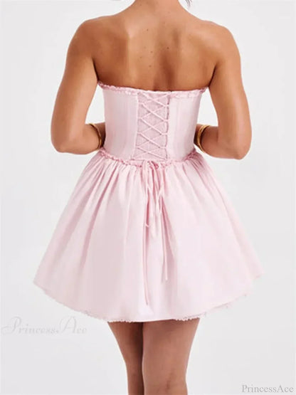 Strapless Lace Trim Corset Basque Waist Tie Front Babydoll Mini Dress