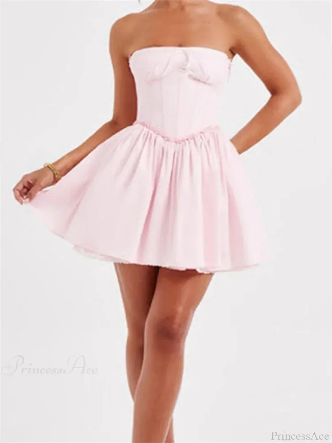 Strapless Lace Trim Corset Basque Waist Tie Front Babydoll Mini Dress