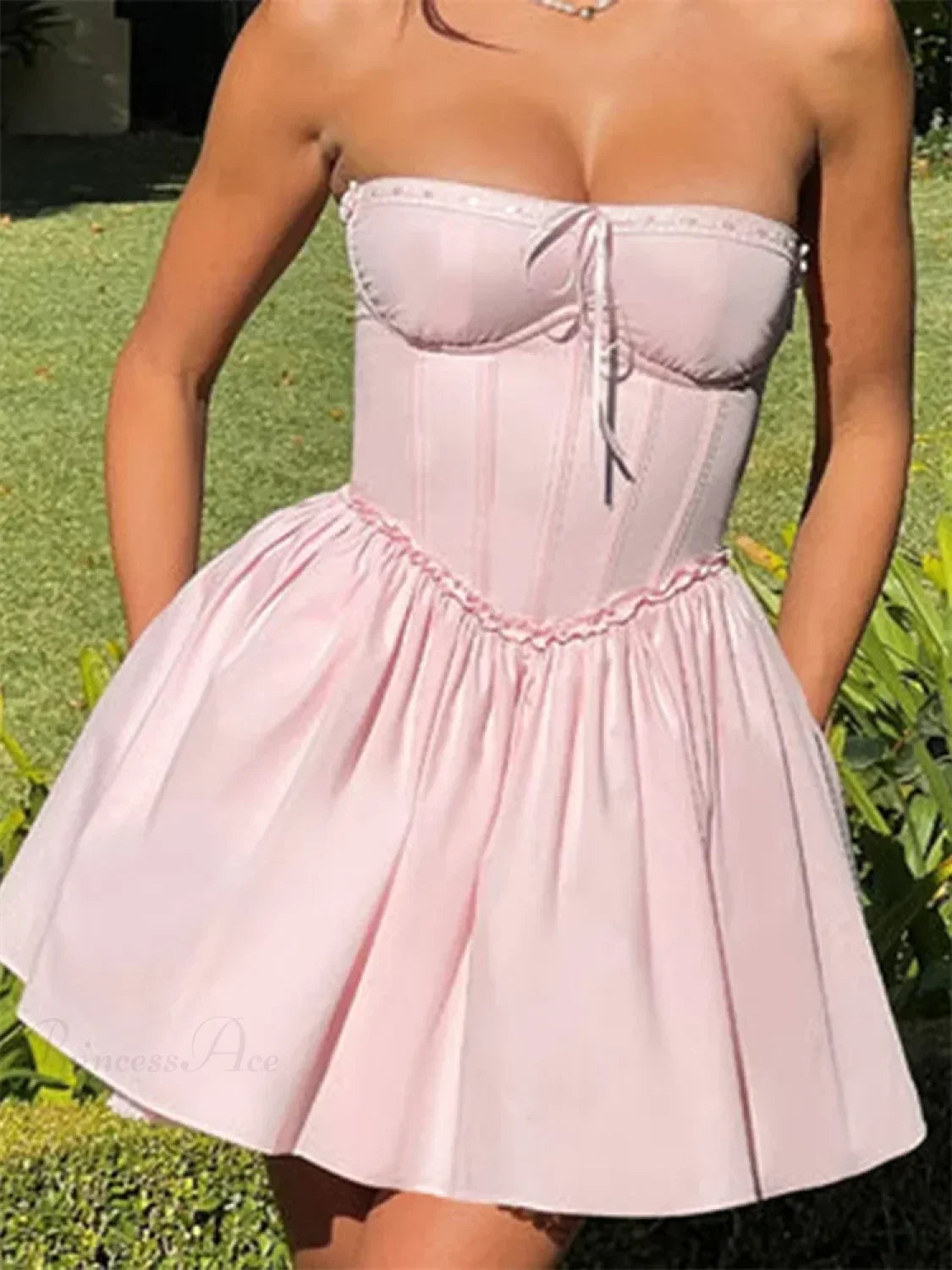 Strapless Lace Trim Corset Basque Waist Tie Front Babydoll Mini Dress