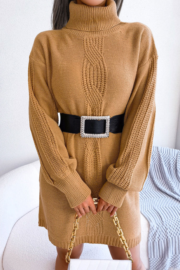 Turtleneck Cable Knit Drop Shoulder Rib Knit Mini Sweater Dress