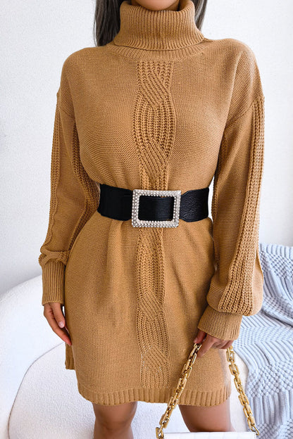 Turtleneck Cable Knit Drop Shoulder Rib Knit Mini Sweater Dress