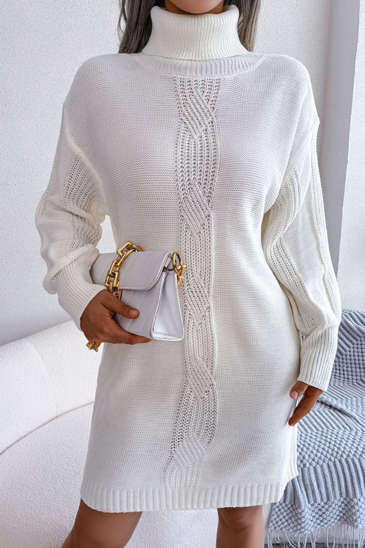 Turtleneck Cable Knit Drop Shoulder Rib Knit Mini Sweater Dress
