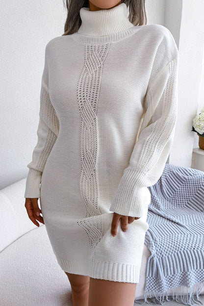 Turtleneck Cable Knit Drop Shoulder Rib Knit Mini Sweater Dress
