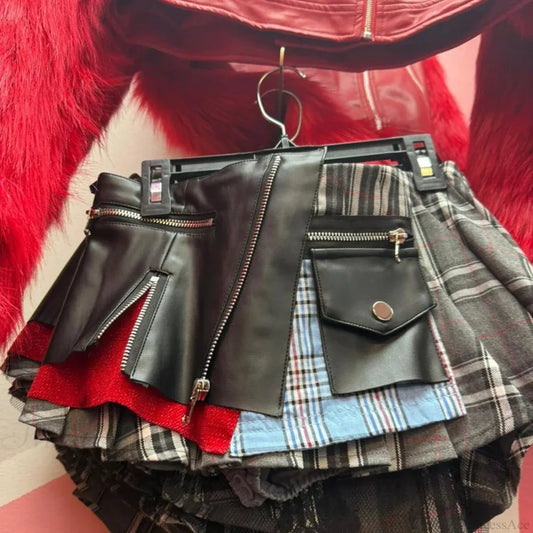 Cotton Lace Patchwork Plaid Skirt