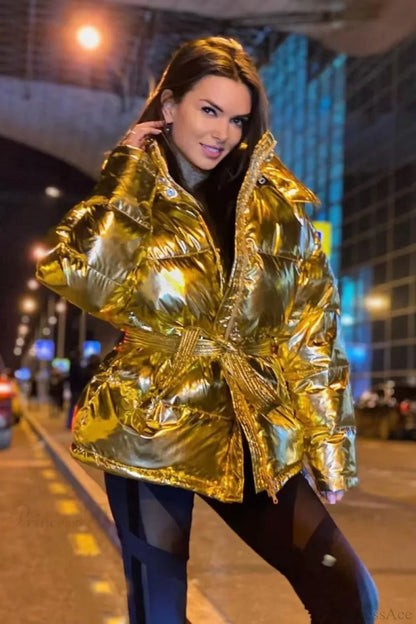 Cotton Padded Metallic Color Belt Pocket Coat