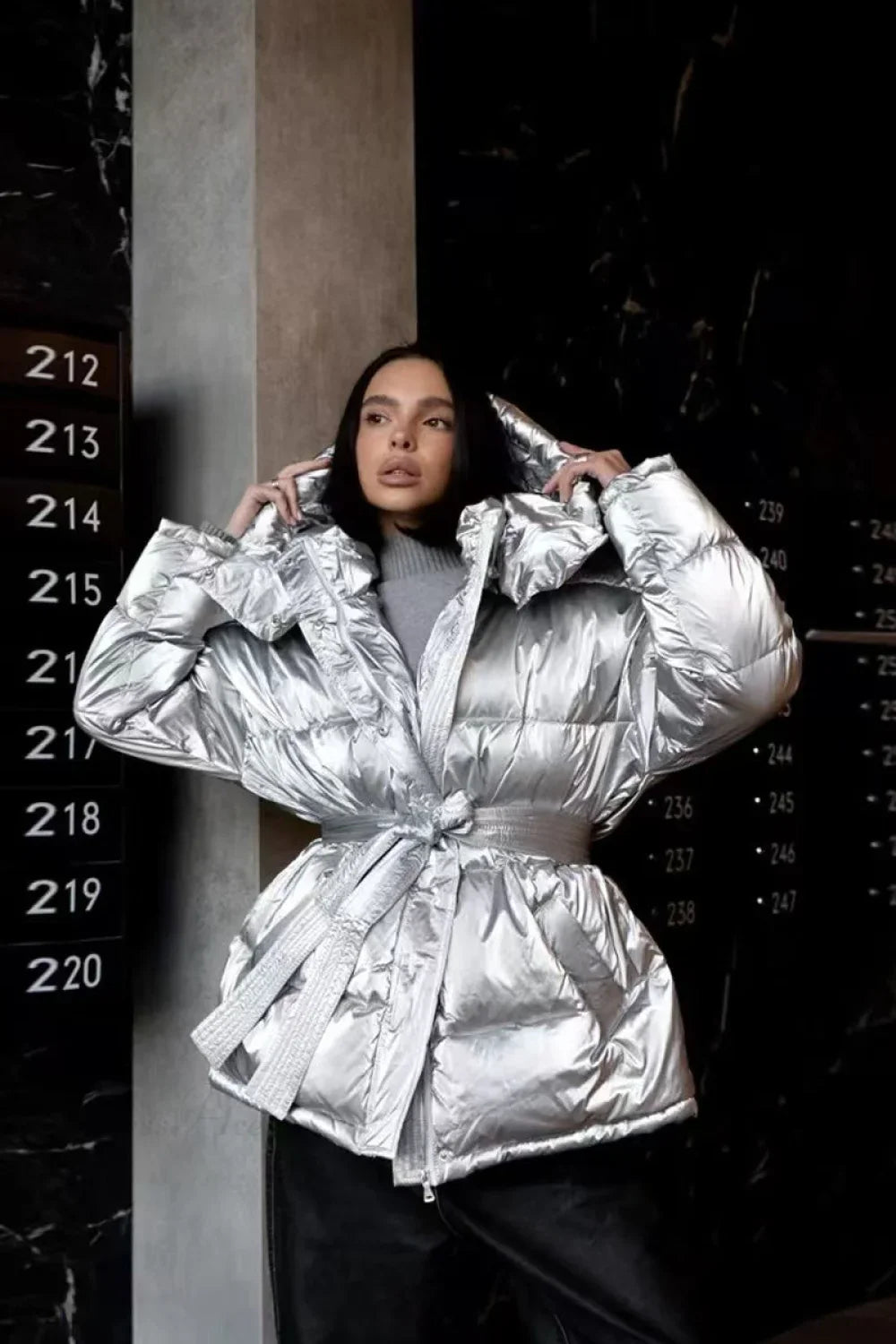 Cotton Padded Metallic Color Belt Pocket Coat