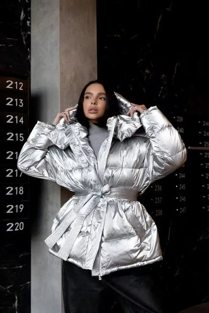 Cotton Padded Metallic Color Belt Pocket Coat