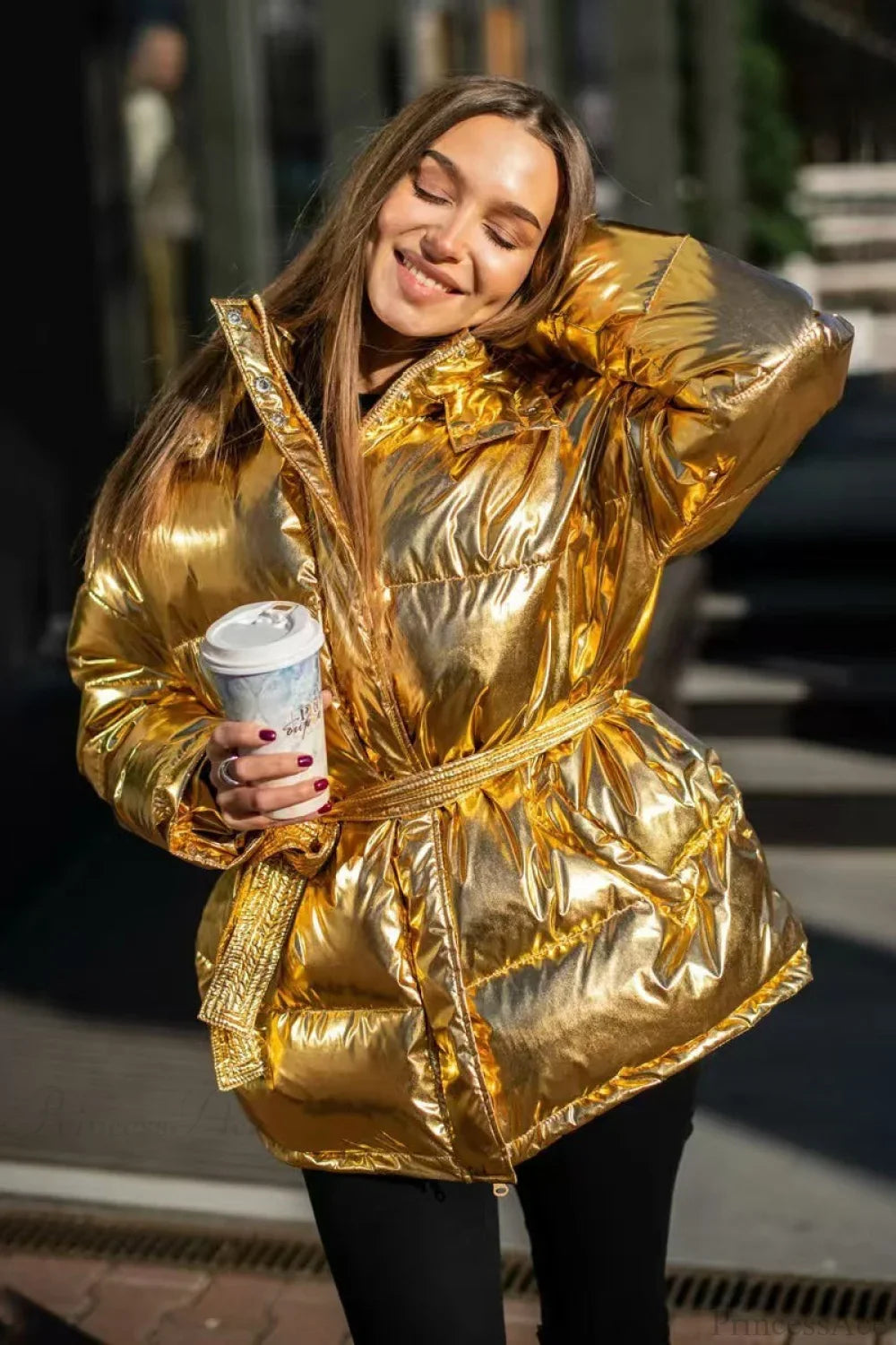 Cotton Padded Metallic Color Belt Pocket Coat