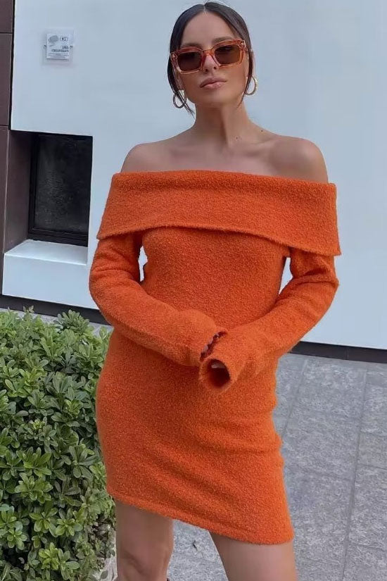 Off Shoulder Foldover Collar Boucle Knit Long Sleeve Sweater Mini Dress