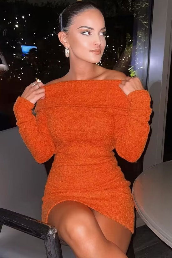 Off Shoulder Foldover Collar Boucle Knit Long Sleeve Sweater Mini Dress