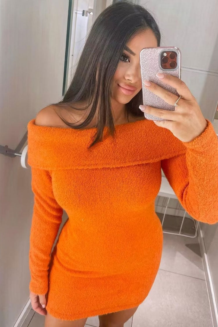 Off Shoulder Foldover Collar Boucle Knit Long Sleeve Sweater Mini Dress