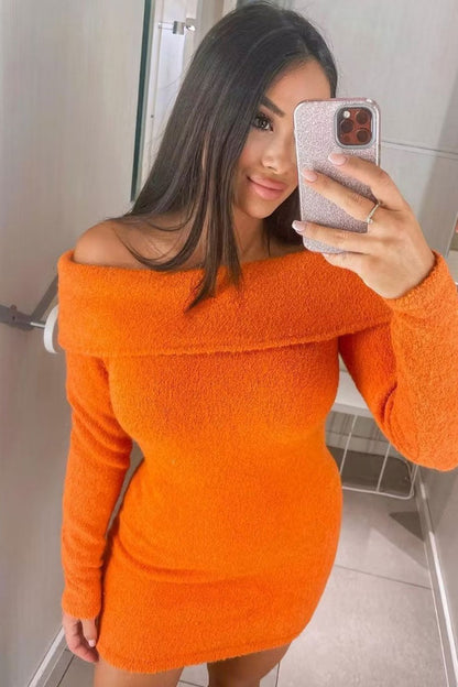 Off Shoulder Foldover Collar Boucle Knit Long Sleeve Sweater Mini Dress