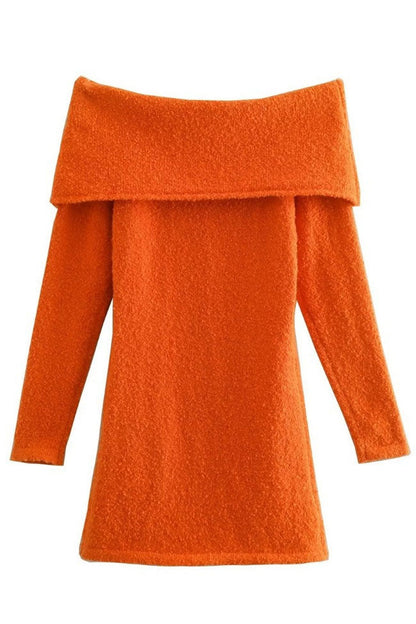 Off Shoulder Foldover Collar Boucle Knit Long Sleeve Sweater Mini Dress