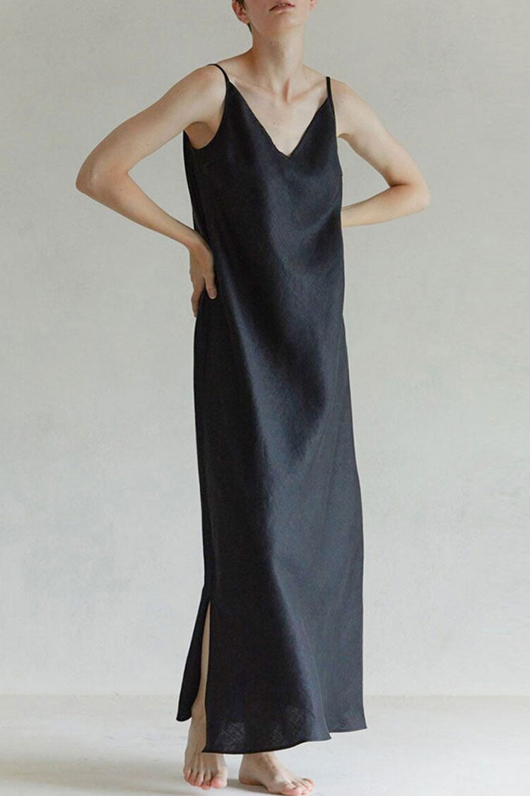 V-Neck Spaghetti Strap Linen Side Slit Column Maxi Sundress