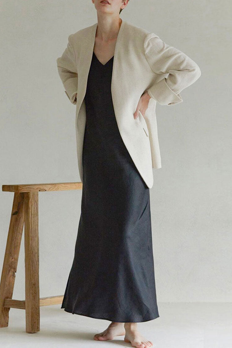 V-Neck Spaghetti Strap Linen Side Slit Column Maxi Sundress
