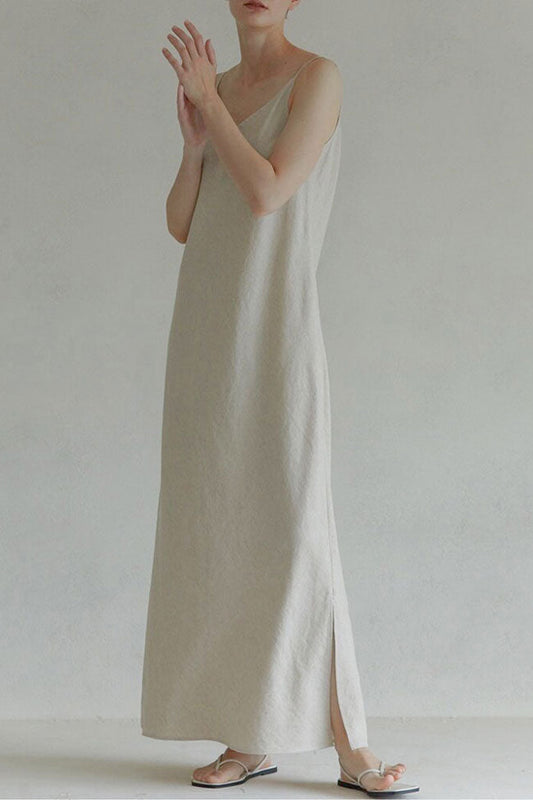V-Neck Spaghetti Strap Linen Side Slit Column Maxi Sundress