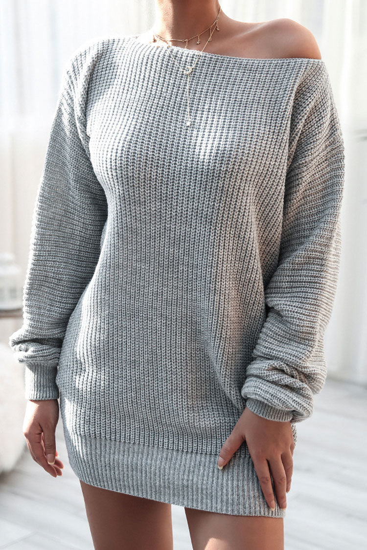 Ribbed Knit Off Shoulder Boat Neck Balloon Sleeve Sweater Mini Dress