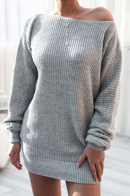 Ribbed Knit Off Shoulder Boat Neck Balloon Sleeve Sweater Mini Dress