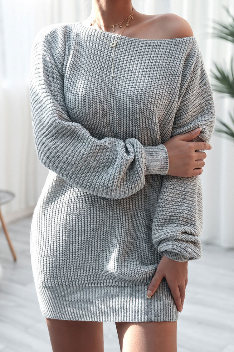 Ribbed Knit Off Shoulder Boat Neck Balloon Sleeve Sweater Mini Dress