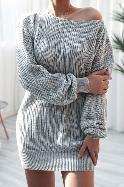 Ribbed Knit Off Shoulder Boat Neck Balloon Sleeve Sweater Mini Dress