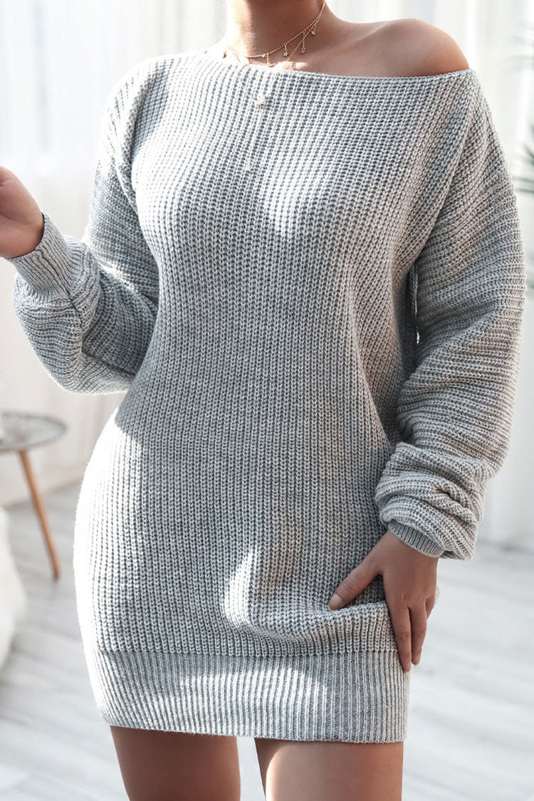 Ribbed Knit Off Shoulder Boat Neck Balloon Sleeve Sweater Mini Dress