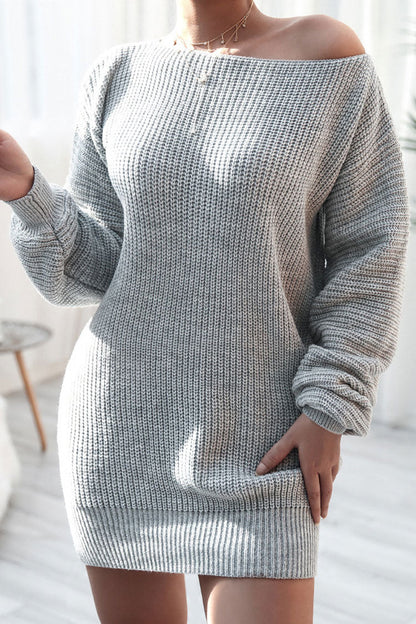 Ribbed Knit Off Shoulder Boat Neck Balloon Sleeve Sweater Mini Dress