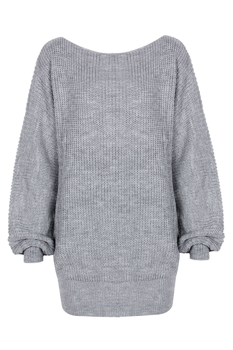 Ribbed Knit Off Shoulder Boat Neck Balloon Sleeve Sweater Mini Dress