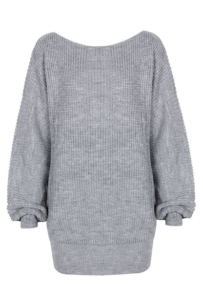 Ribbed Knit Off Shoulder Boat Neck Balloon Sleeve Sweater Mini Dress