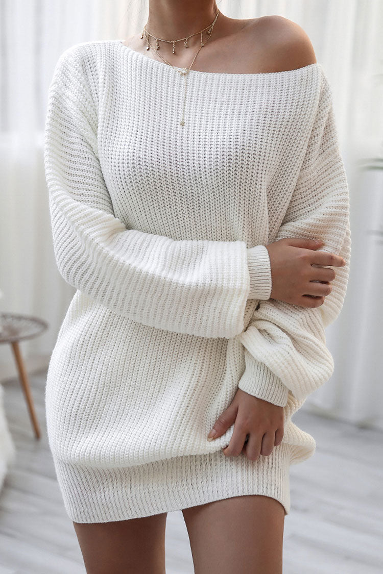 Ribbed Knit Off Shoulder Boat Neck Balloon Sleeve Sweater Mini Dress
