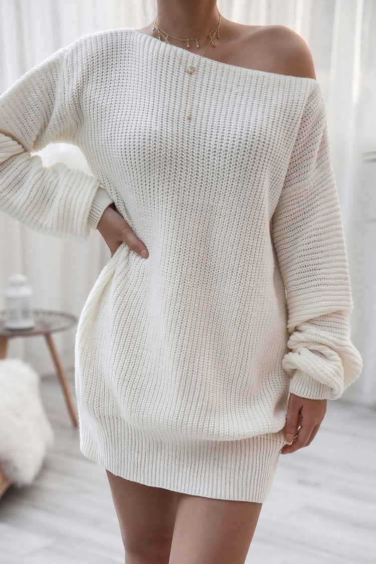Ribbed Knit Off Shoulder Boat Neck Balloon Sleeve Sweater Mini Dress