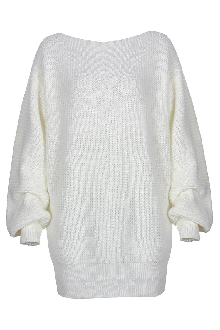 Ribbed Knit Off Shoulder Boat Neck Balloon Sleeve Sweater Mini Dress