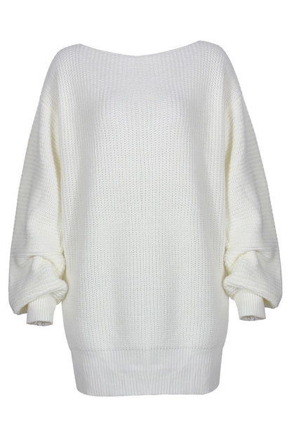 Ribbed Knit Off Shoulder Boat Neck Balloon Sleeve Sweater Mini Dress