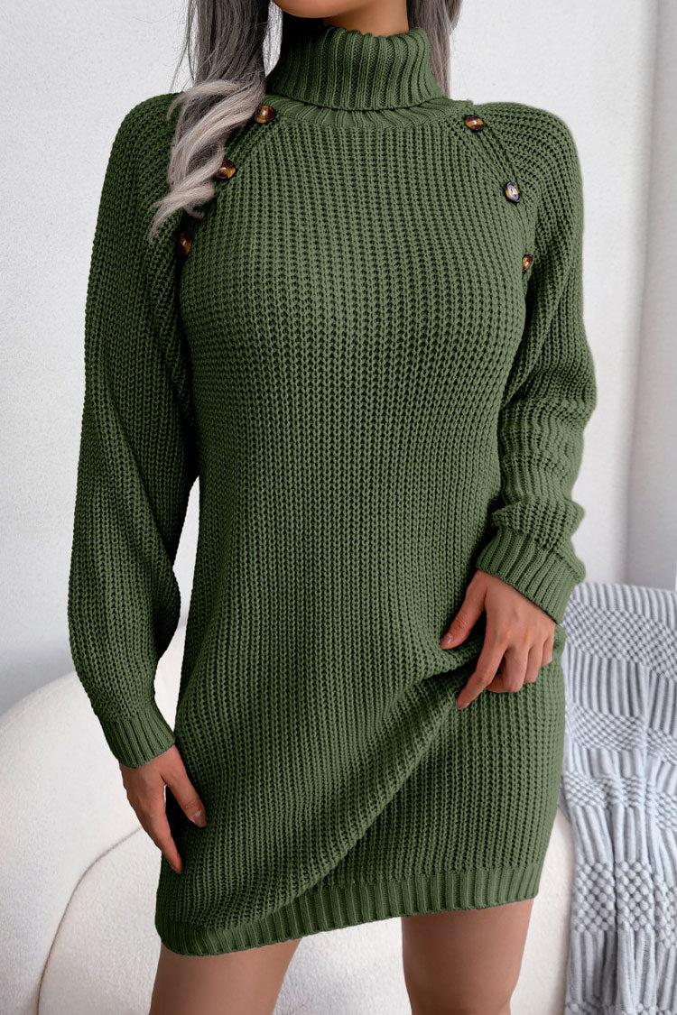 Ribbed Turtleneck Shoulder Button Trim Sweater Mini Dress