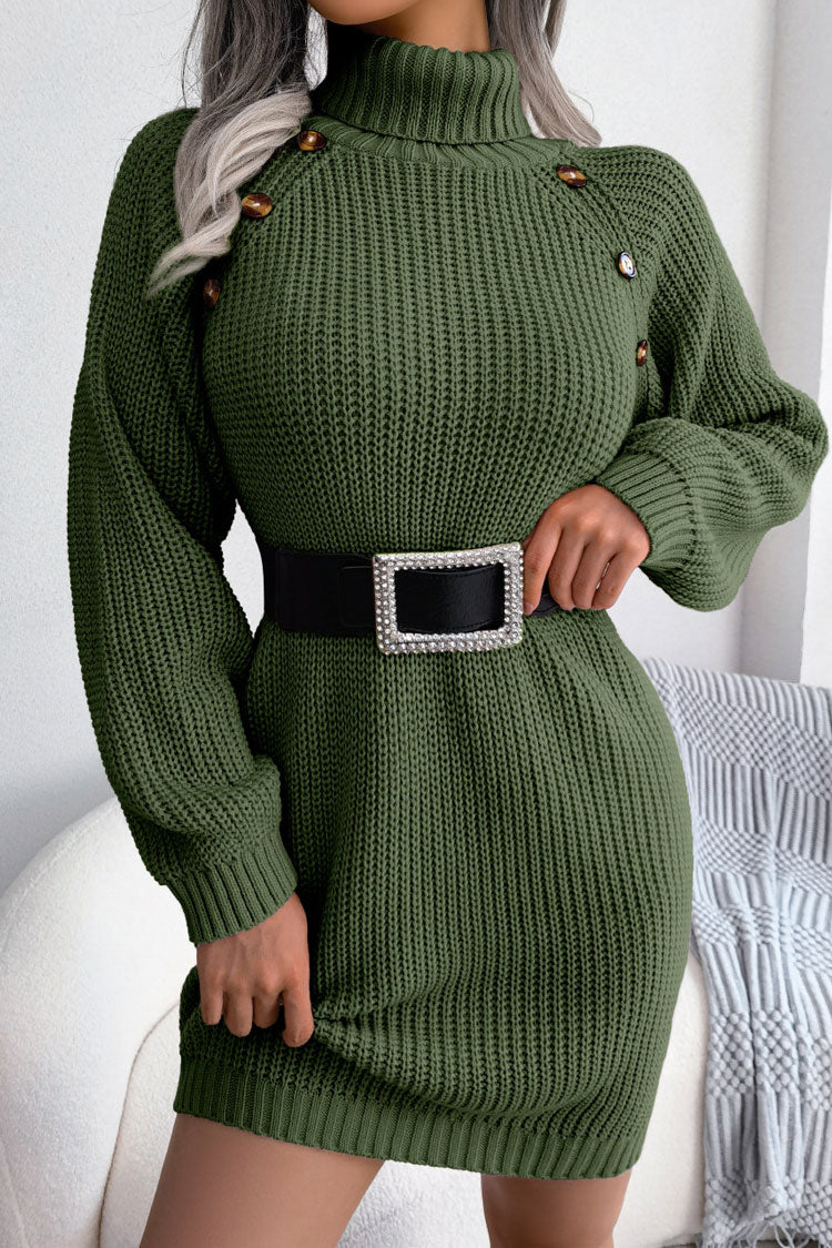 Ribbed Turtleneck Shoulder Button Trim Sweater Mini Dress
