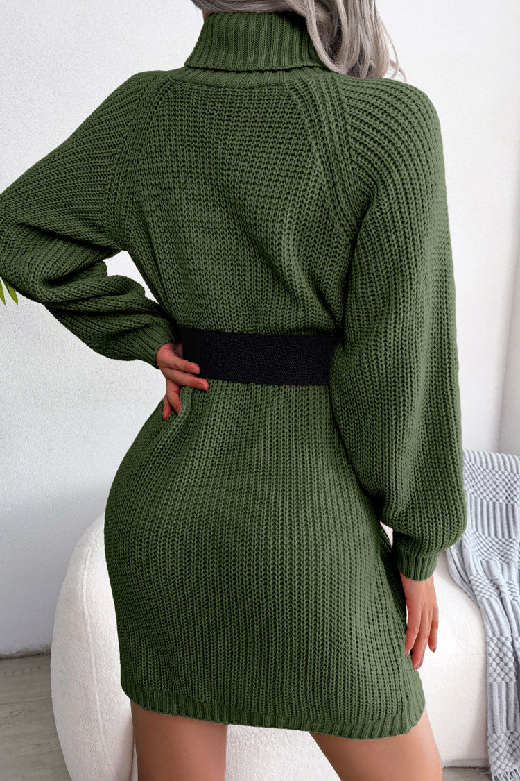 Ribbed Turtleneck Shoulder Button Trim Sweater Mini Dress