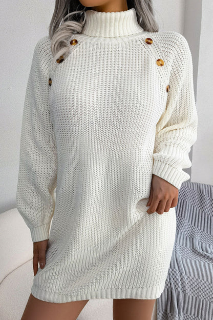 Ribbed Turtleneck Shoulder Button Trim Sweater Mini Dress